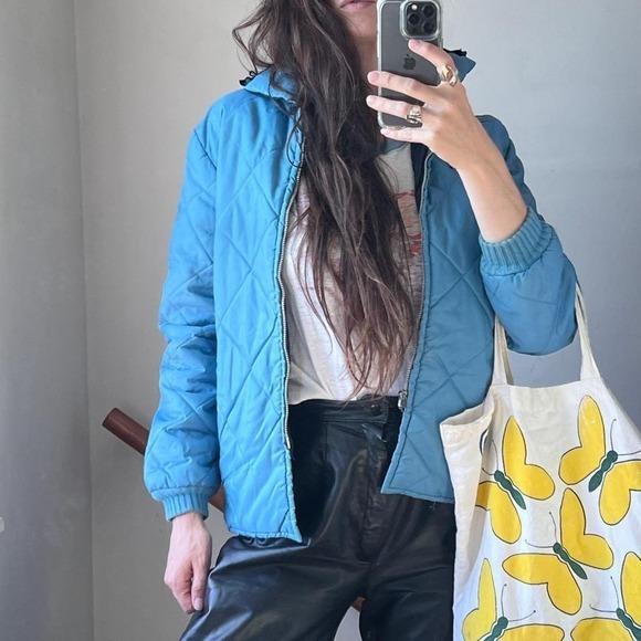 Vintage Blue Reversible Quilted Puffer Zip Jacket with Hood - Picture 3 of 8